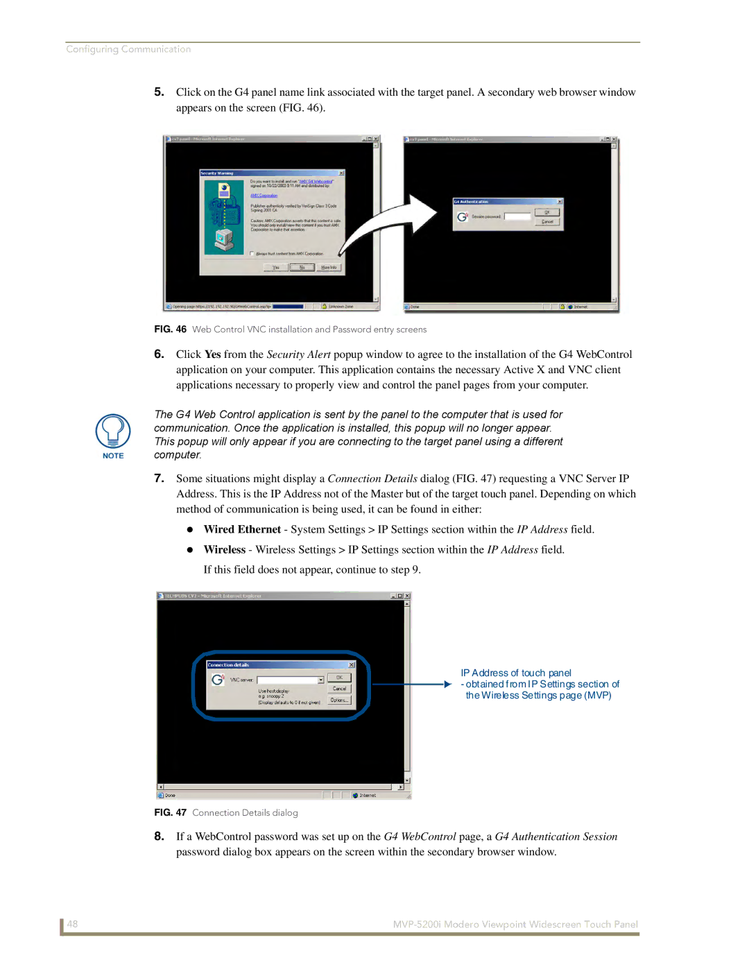 AMX MVP-5200i manual Web Control VNC installation and Password entry screens 