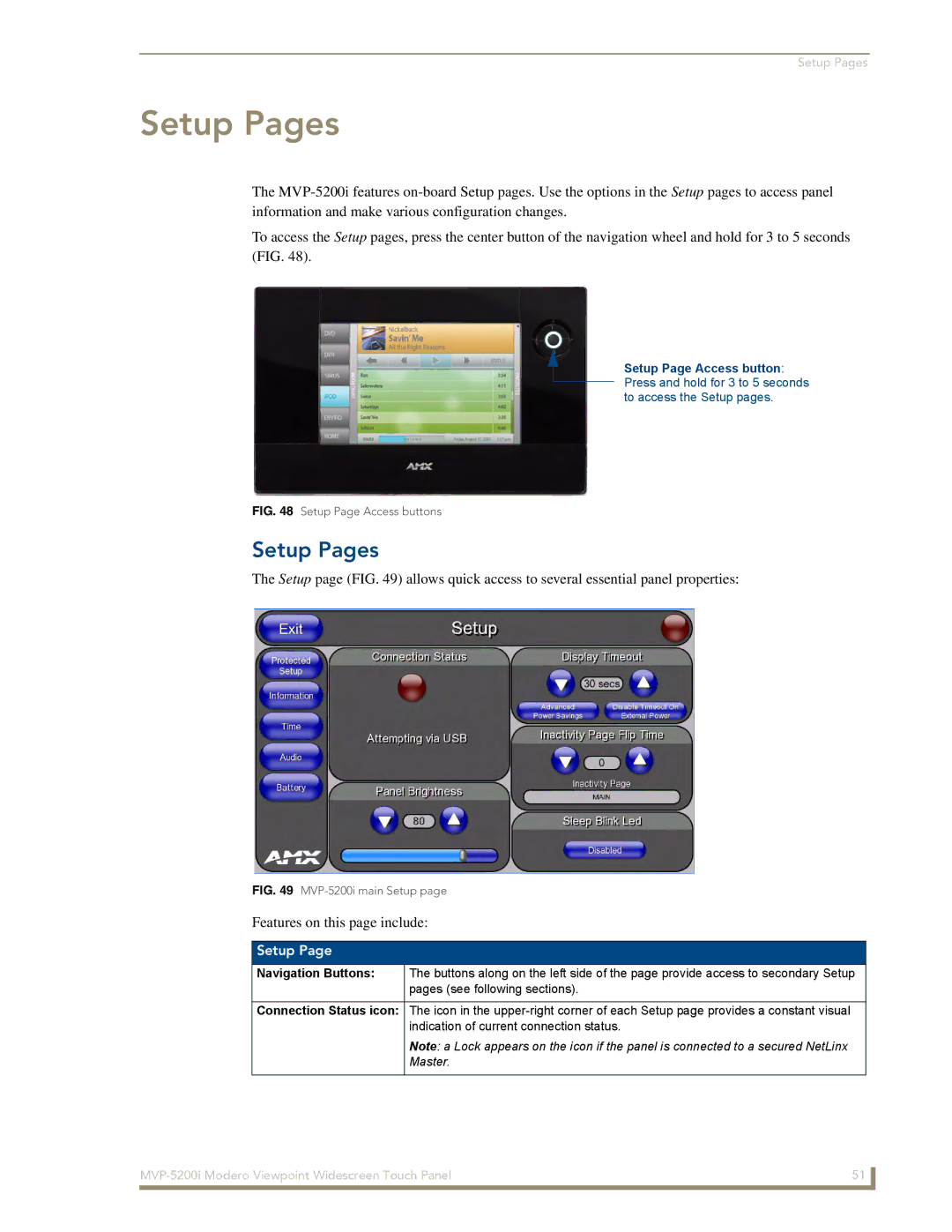 AMX MVP-5200i manual Setup Pages, Features on this page include, Navigation Buttons 