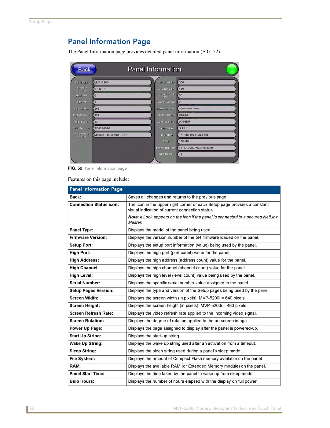 AMX MVP-5200i manual Panel Information 