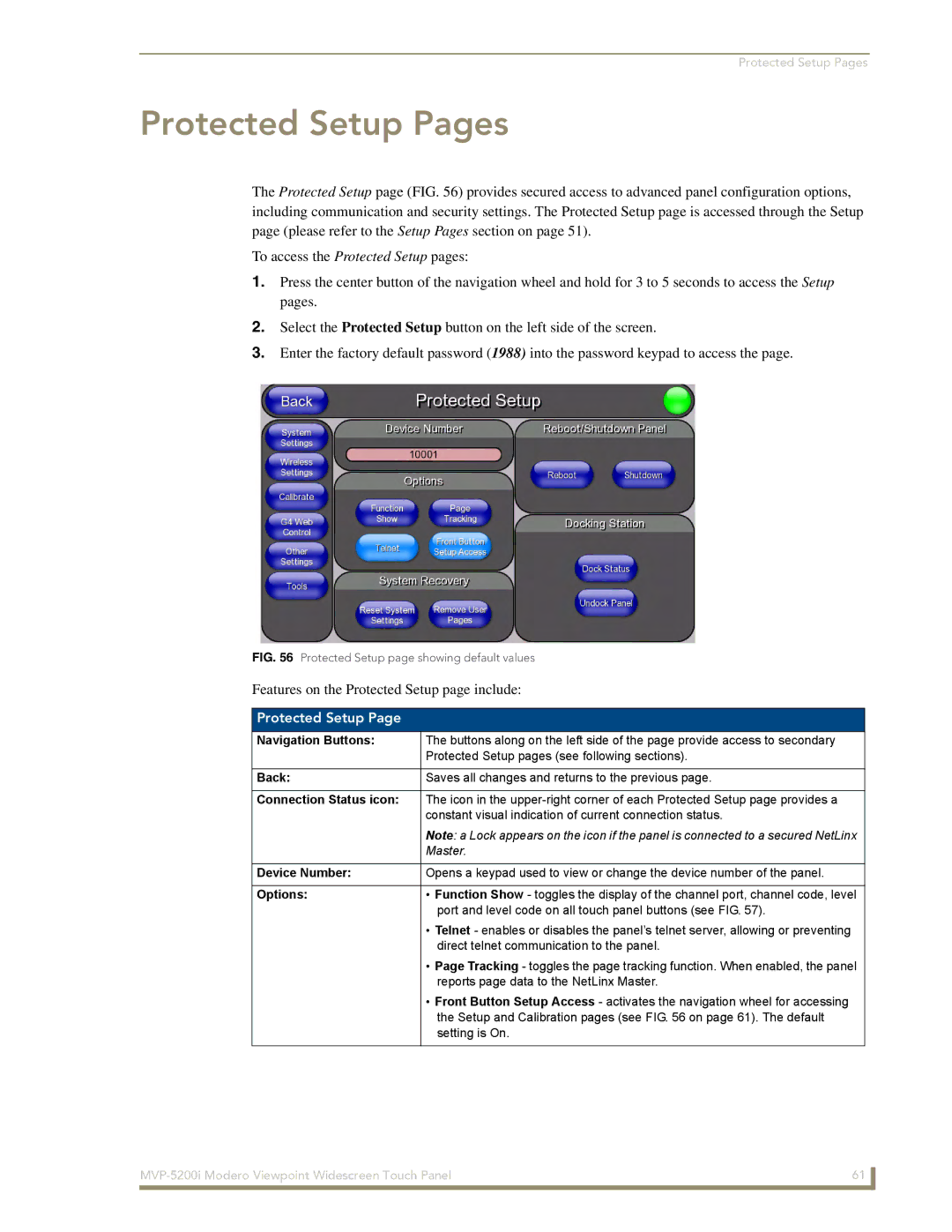 AMX MVP-5200i manual Features on the Protected Setup page include, Device Number, Options 