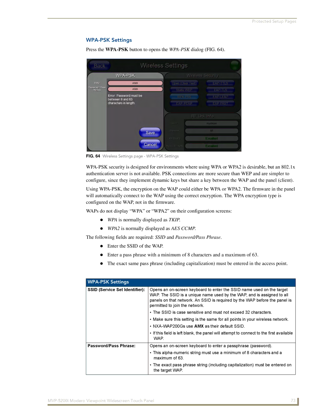 AMX MVP-5200i manual WPA-PSK Settings, Press the WPA-PSKbutton to opens the WPA-PSKdialog FIG, Password/Pass Phrase 