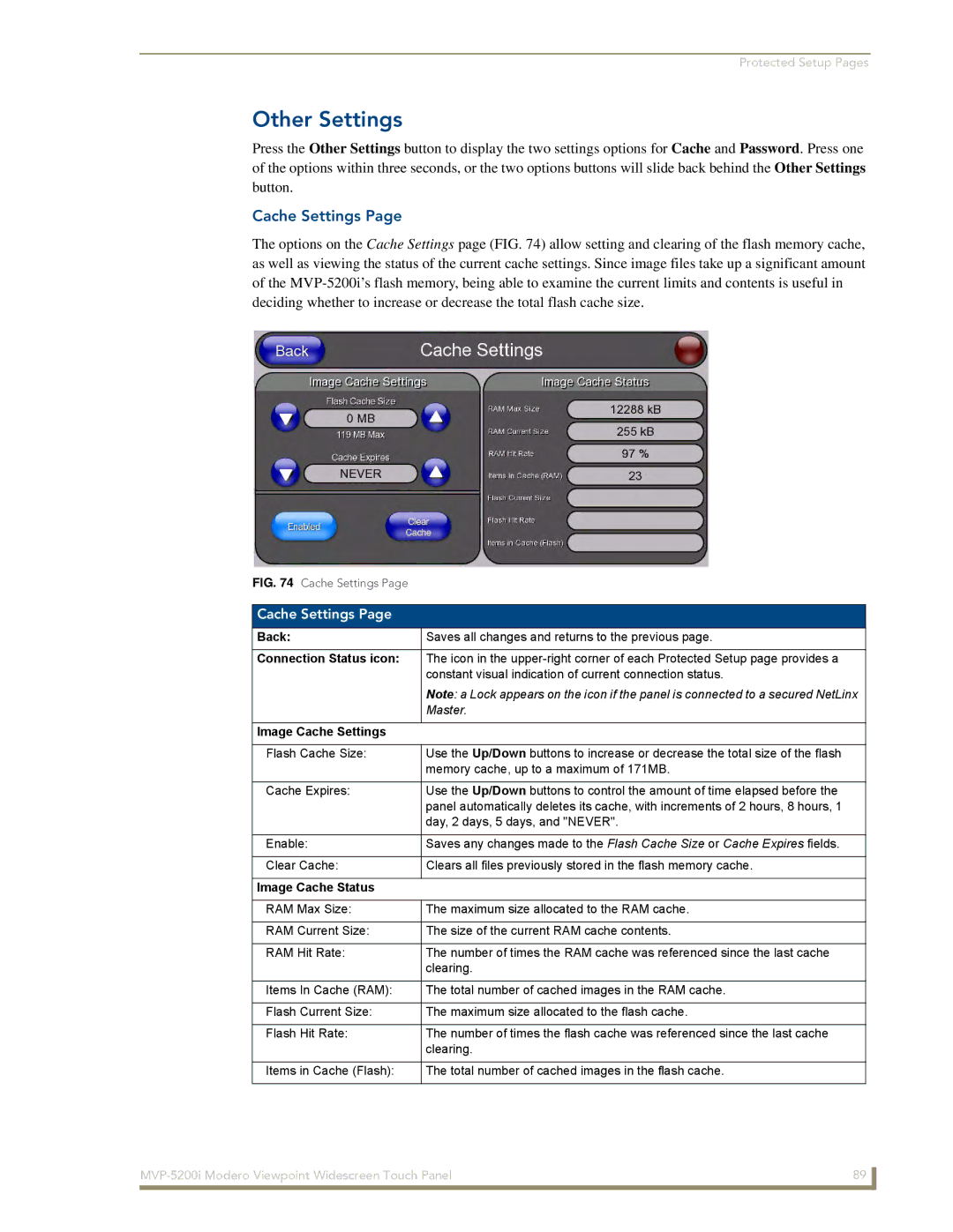 AMX MVP-5200i manual Other Settings, Image Cache Settings, Image Cache Status 