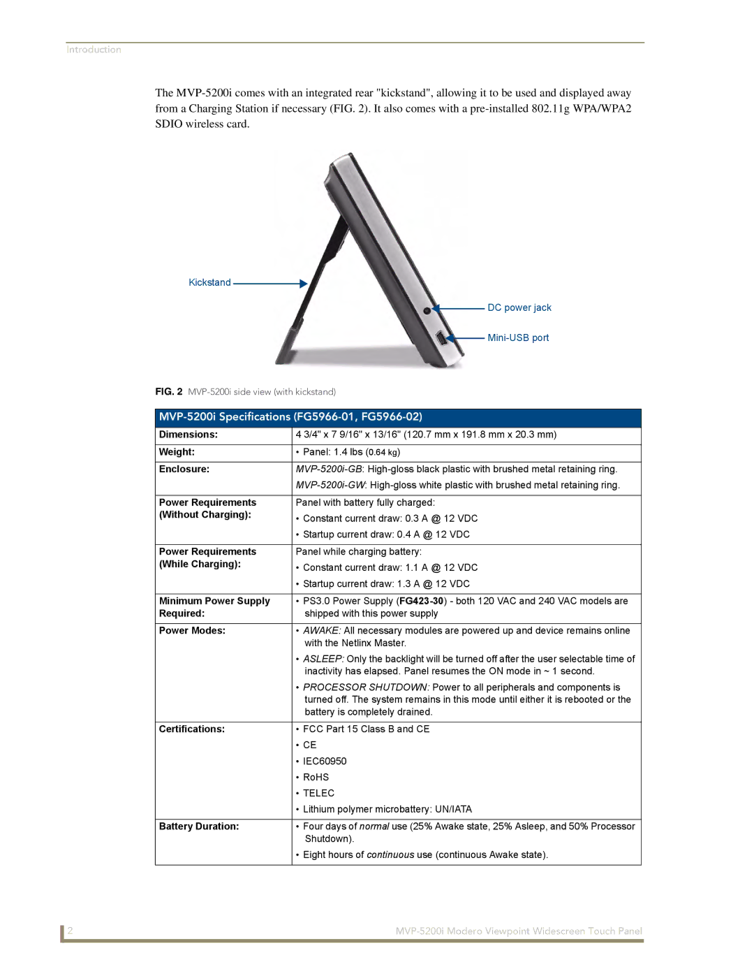 AMX manual MVP-5200i Specifications FG5966-01, FG5966-02 