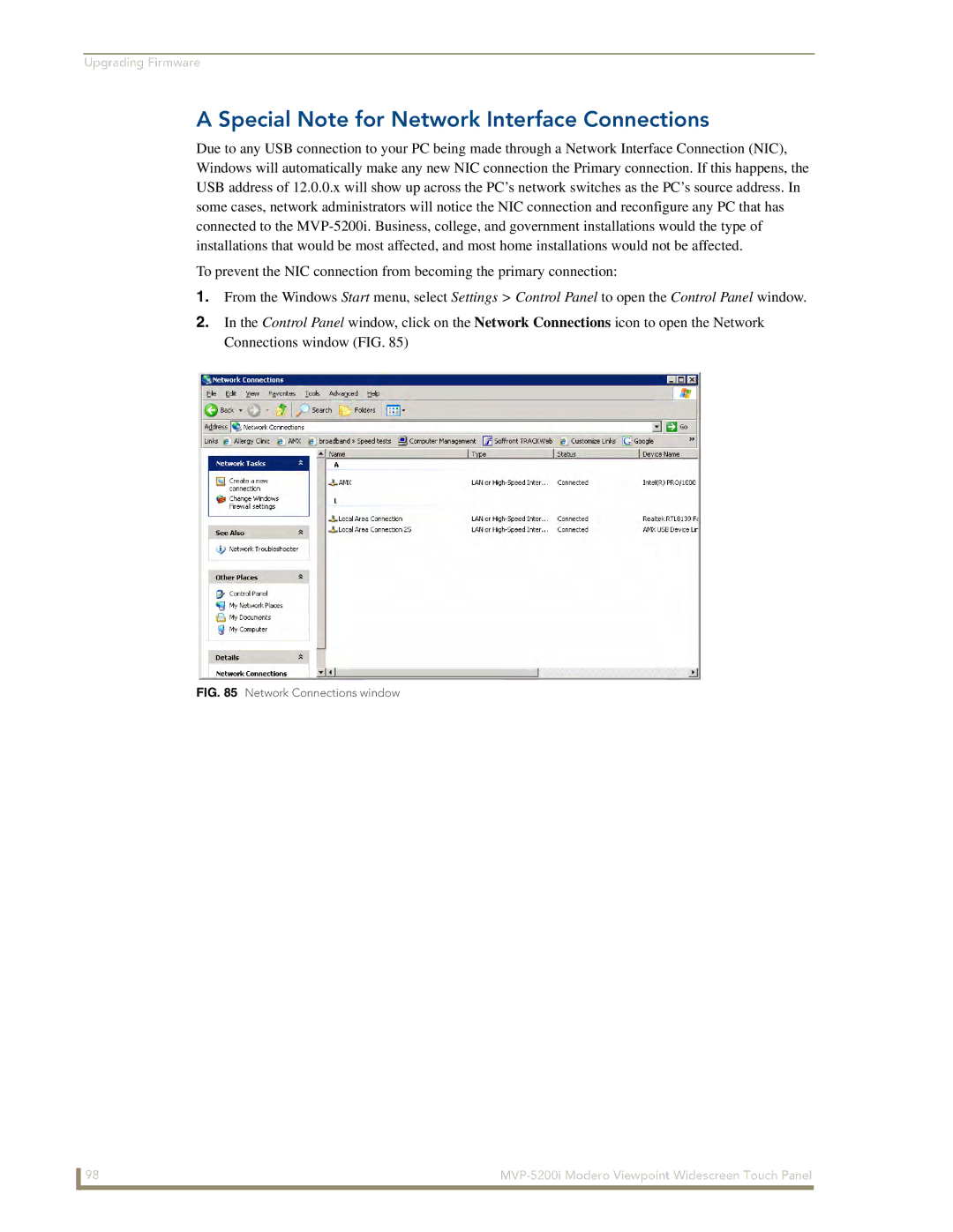 AMX MVP-5200i manual Special Note for Network Interface Connections, Network Connections window 