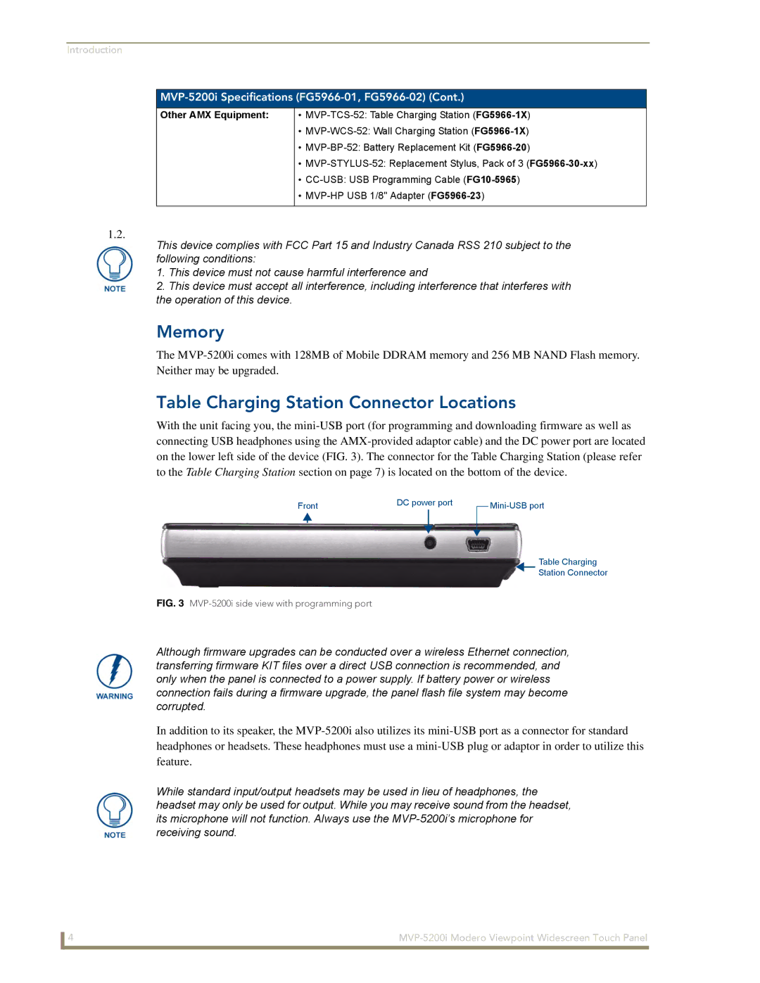 AMX MVP-5200i manual Memory, Table Charging Station Connector Locations, Other AMX Equipment 