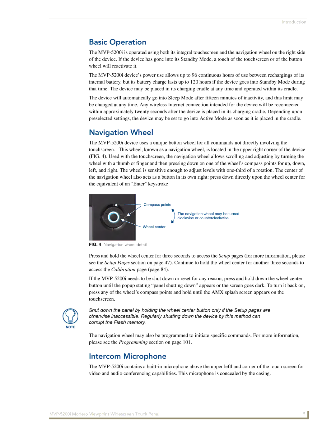 AMX MVP-5200i manual Basic Operation, Navigation Wheel, Intercom Microphone 