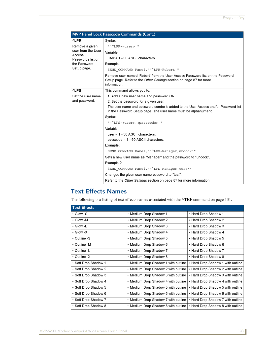 AMX MVP-5200i manual Text Effects Names, Lpr, Lps 