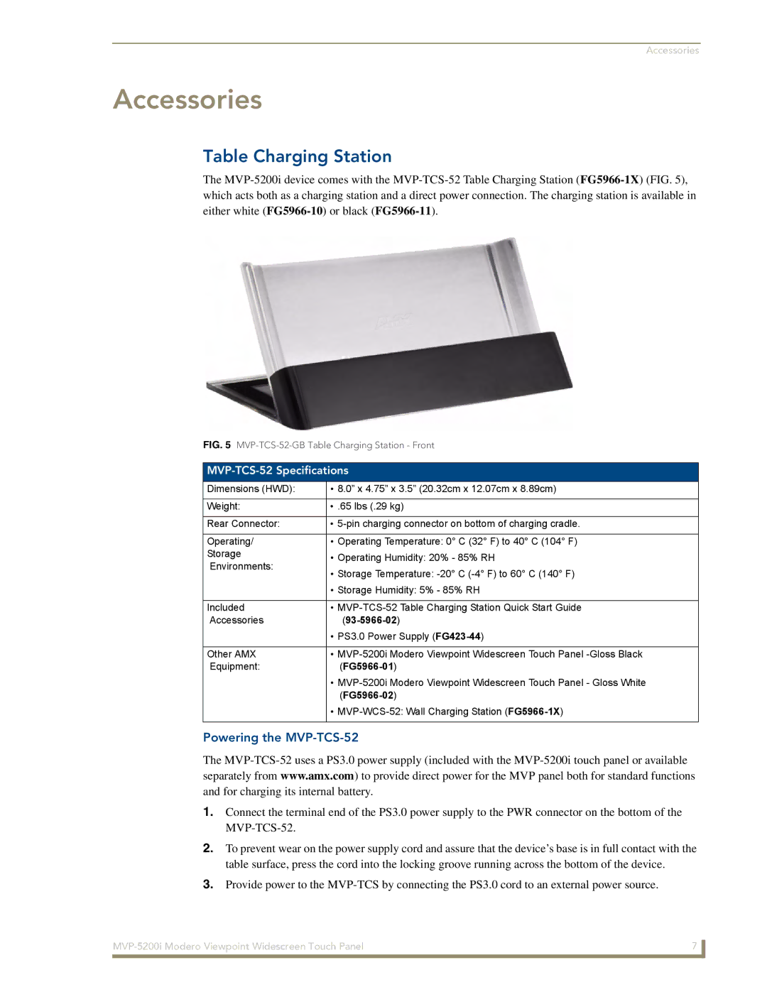 AMX MVP-5200i manual Table Charging Station, Powering the MVP-TCS-52, MVP-TCS-52 Specifications 