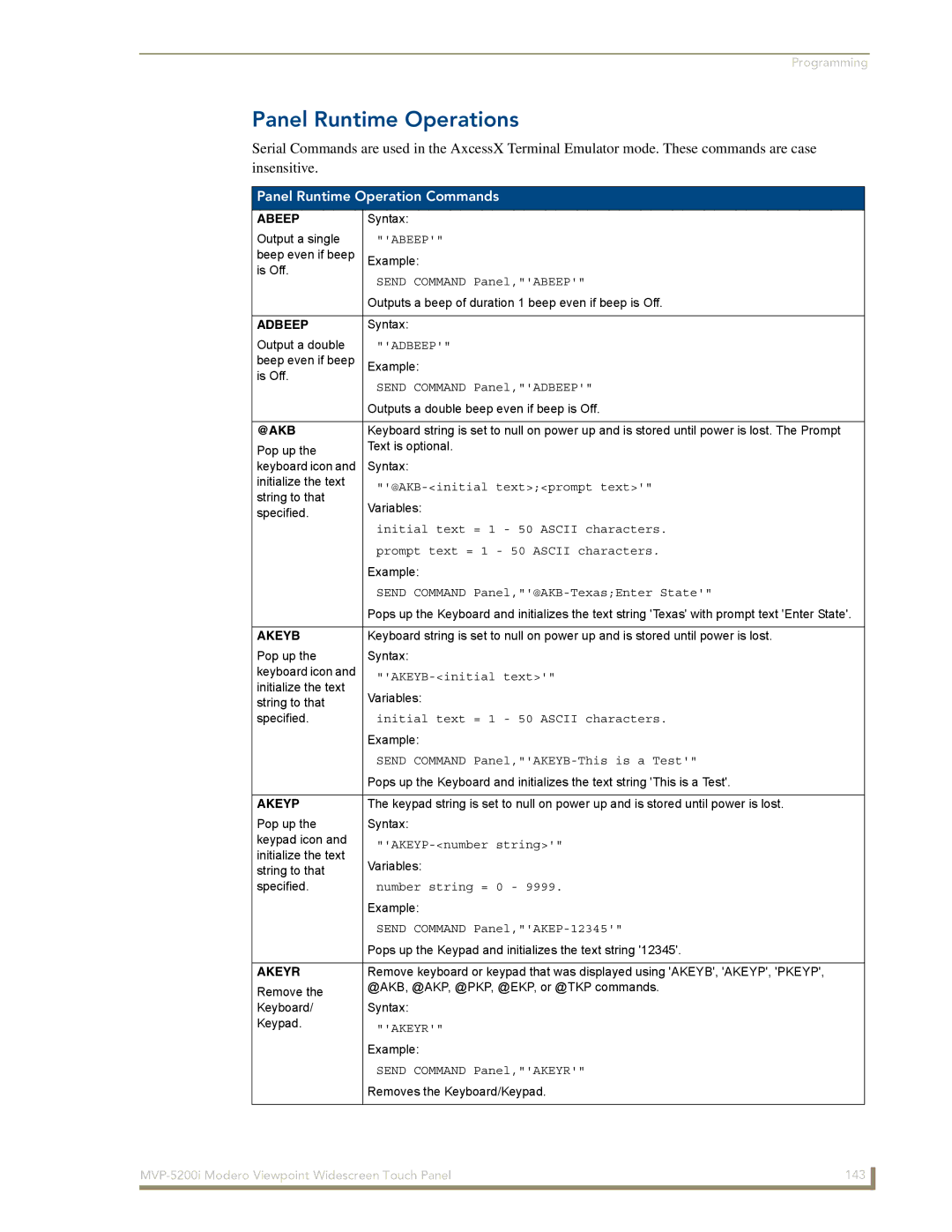 AMX MVP-5200i manual Panel Runtime Operations, Panel Runtime Operation Commands 