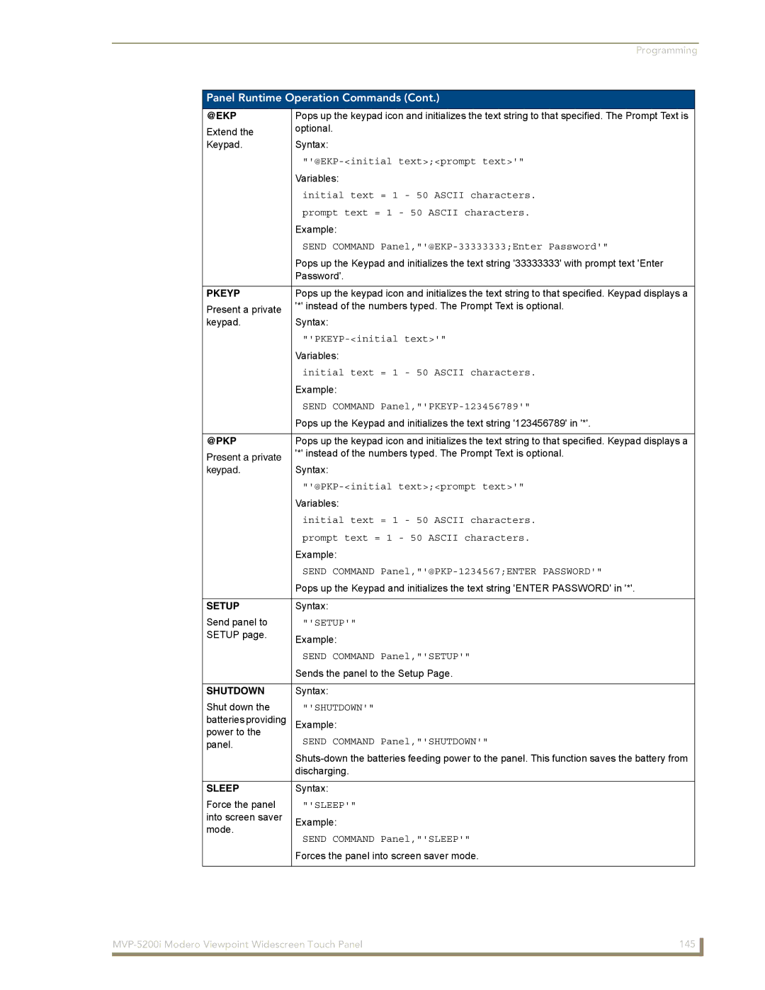 AMX MVP-5200i manual @Ekp, Pkeyp, @Pkp, Setup, Shutdown, Sleep 