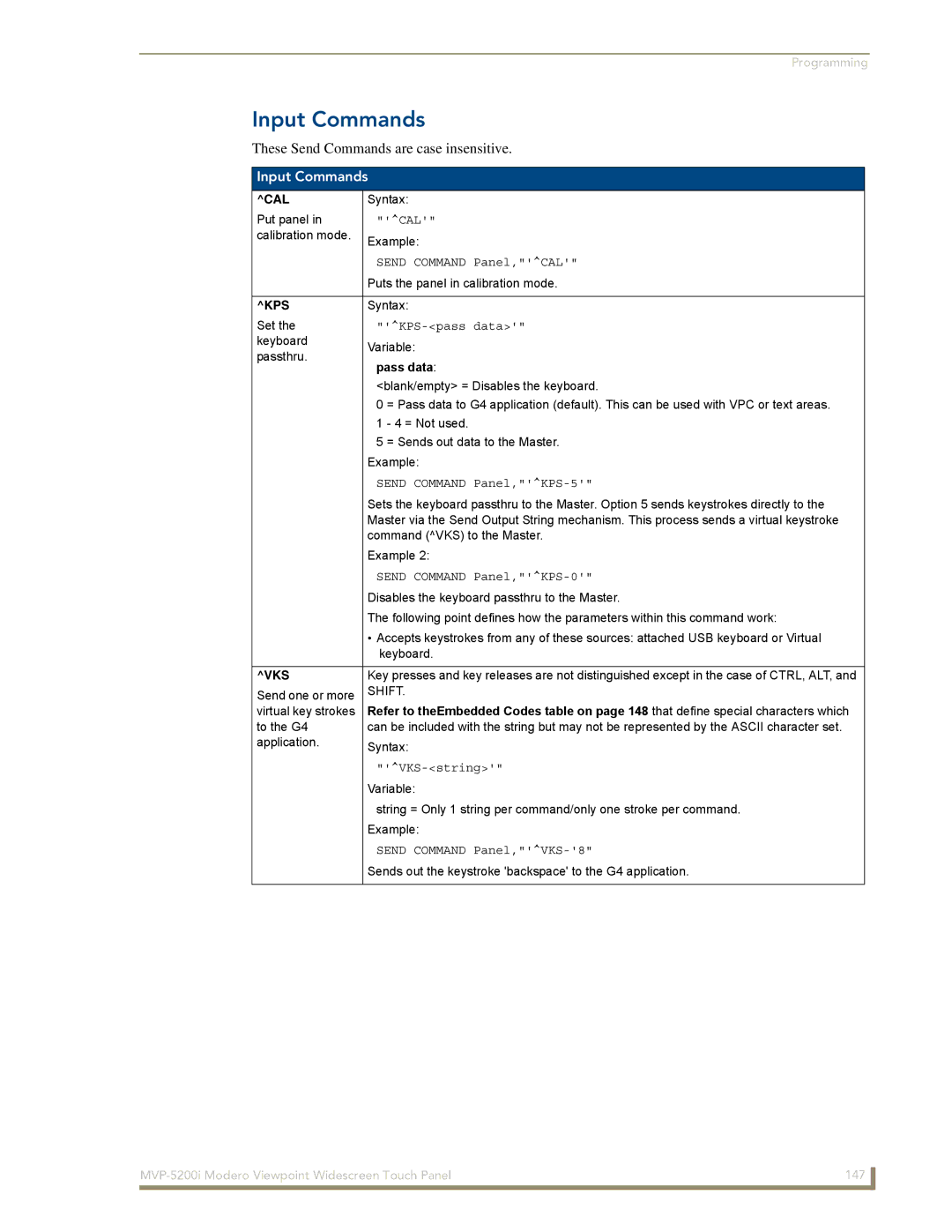 AMX MVP-5200i manual Input Commands, Cal, Kps, Vks 