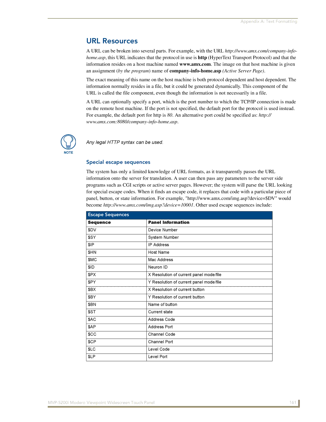 AMX MVP-5200i manual URL Resources, Special escape sequences, Escape Sequences, Sequence Panel Information 