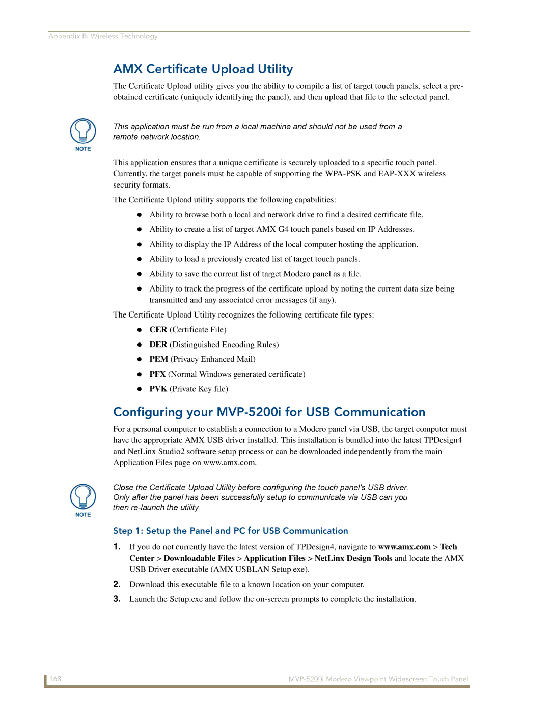 AMX manual AMX Certificate Upload Utility, Configuring your MVP-5200i for USB Communication 