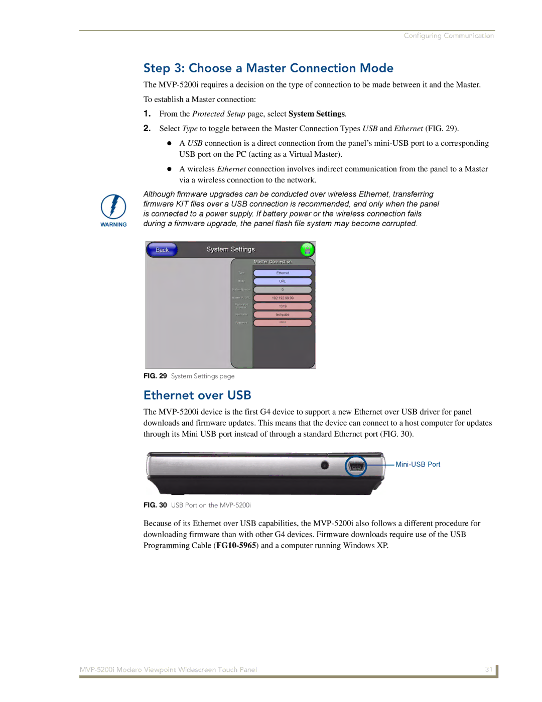 AMX MVP-5200i manual Choose a Master Connection Mode, Ethernet over USB 