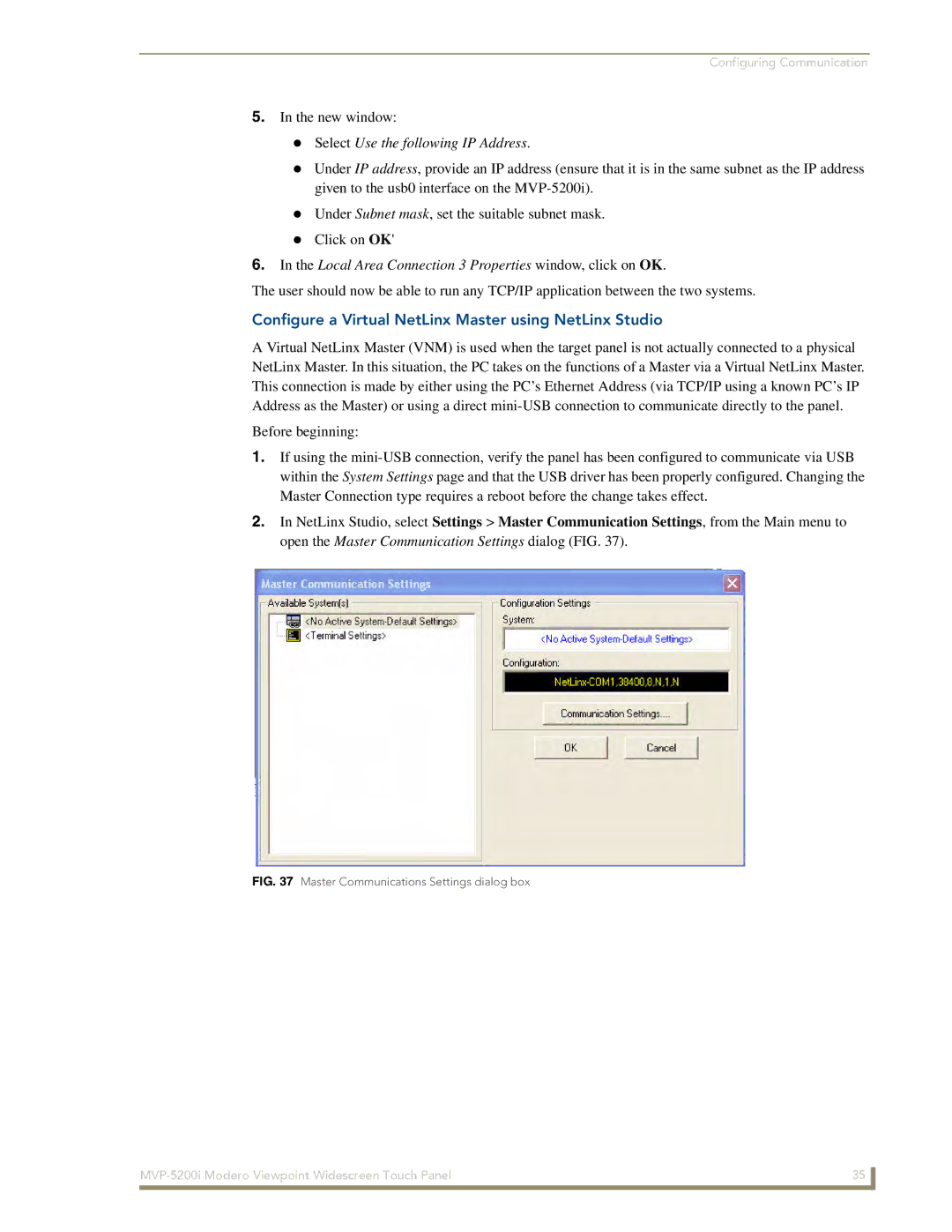 AMX MVP-5200i manual Select Use the following IP Address, Configure a Virtual NetLinx Master using NetLinx Studio 