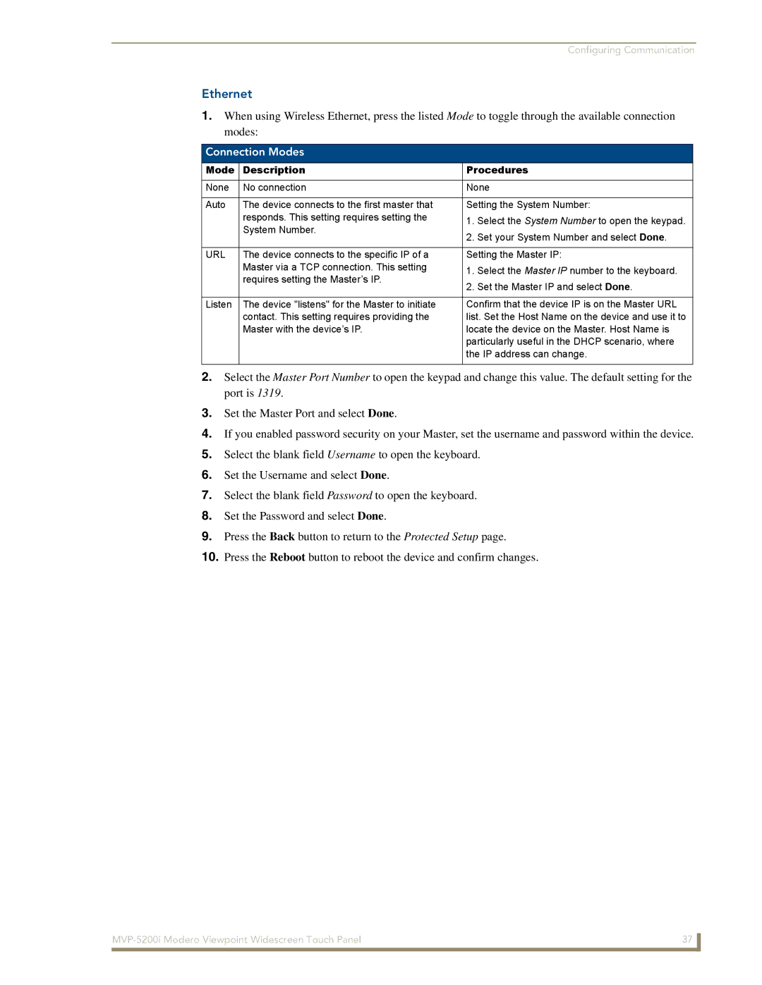 AMX MVP-5200i manual Ethernet, Connection Modes, Mode Description Procedures 