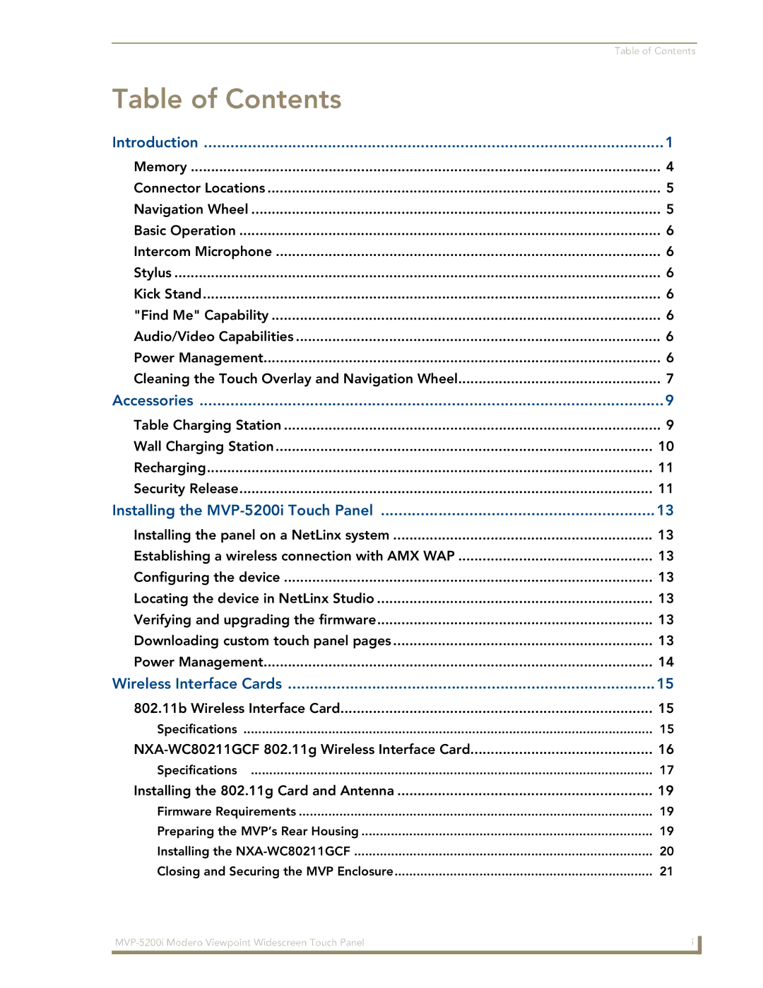 AMX MVP-5200i manual Table of Contents 