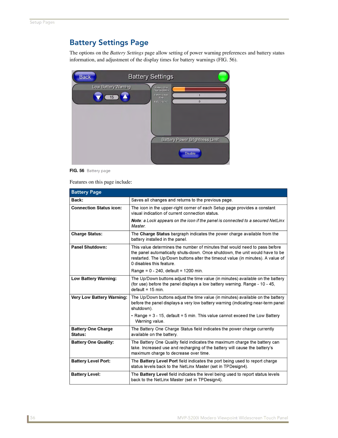 AMX MVP-5200i manual Battery Settings 