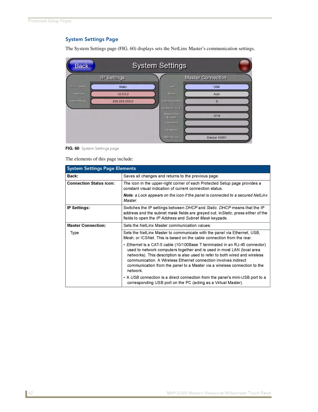 AMX MVP-5200i manual System Settings Page Elements, IP Settings, Master Connection 