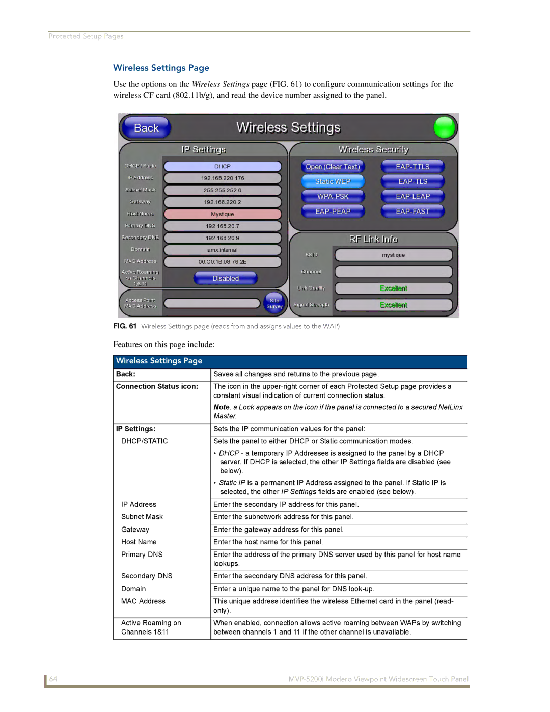 AMX MVP-5200i manual Wireless Settings 