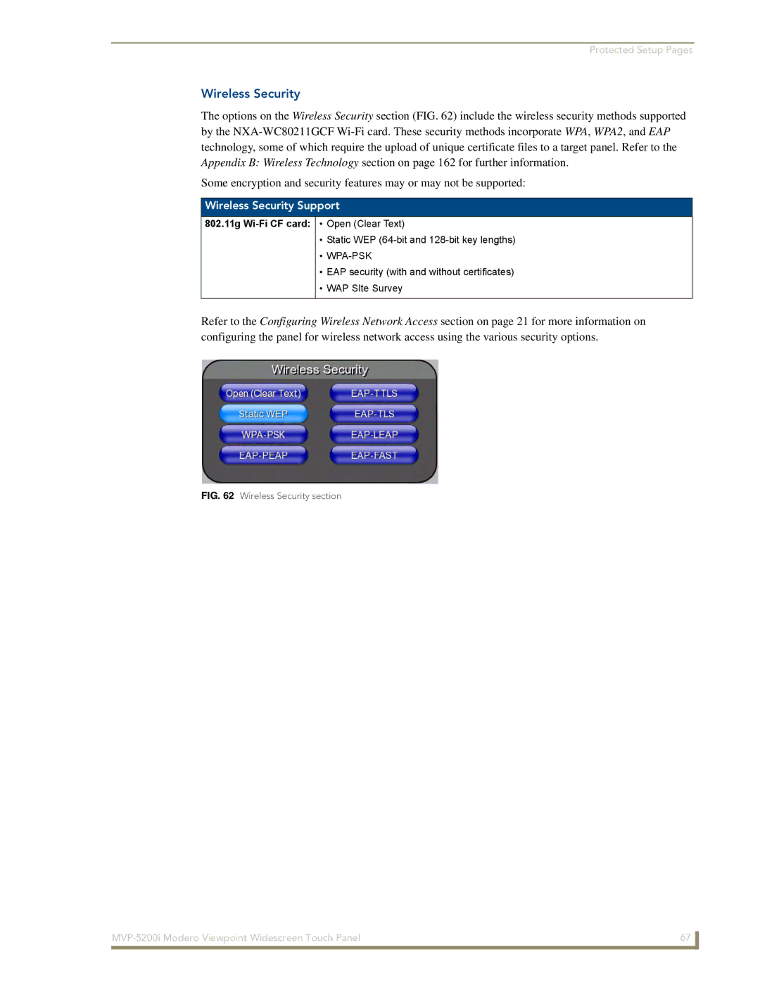 AMX MVP-5200i manual Wireless Security Support, 802.11g Wi-Fi CF card 