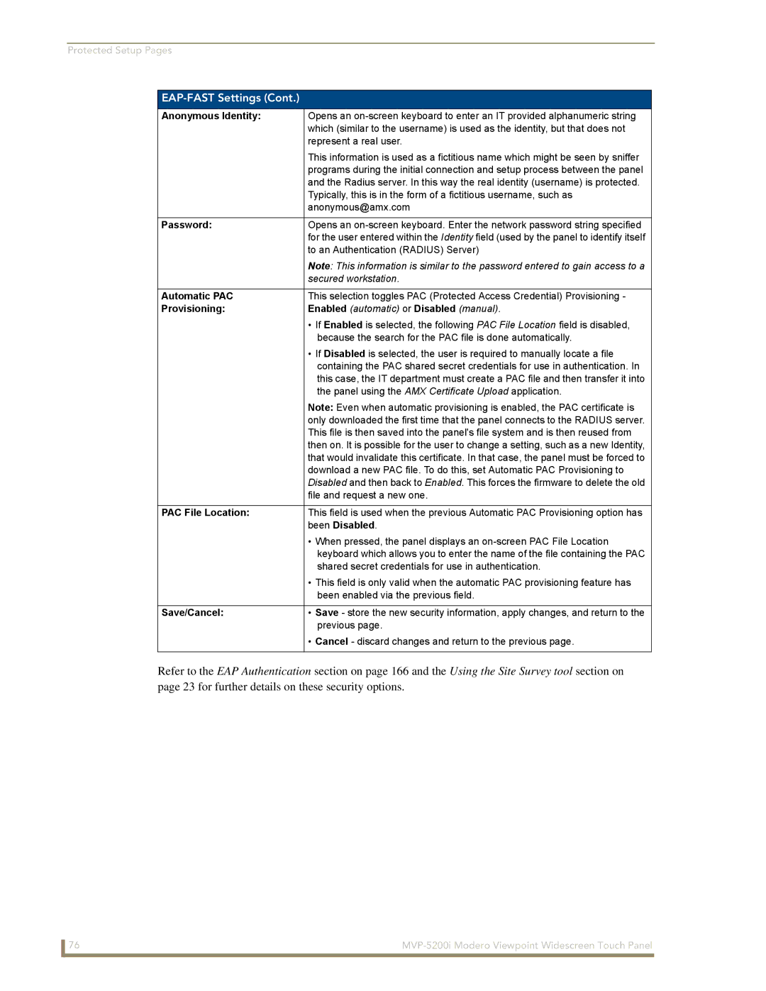 AMX MVP-5200i manual Anonymous Identity, Automatic PAC, Provisioning, PAC File Location, Been Disabled 