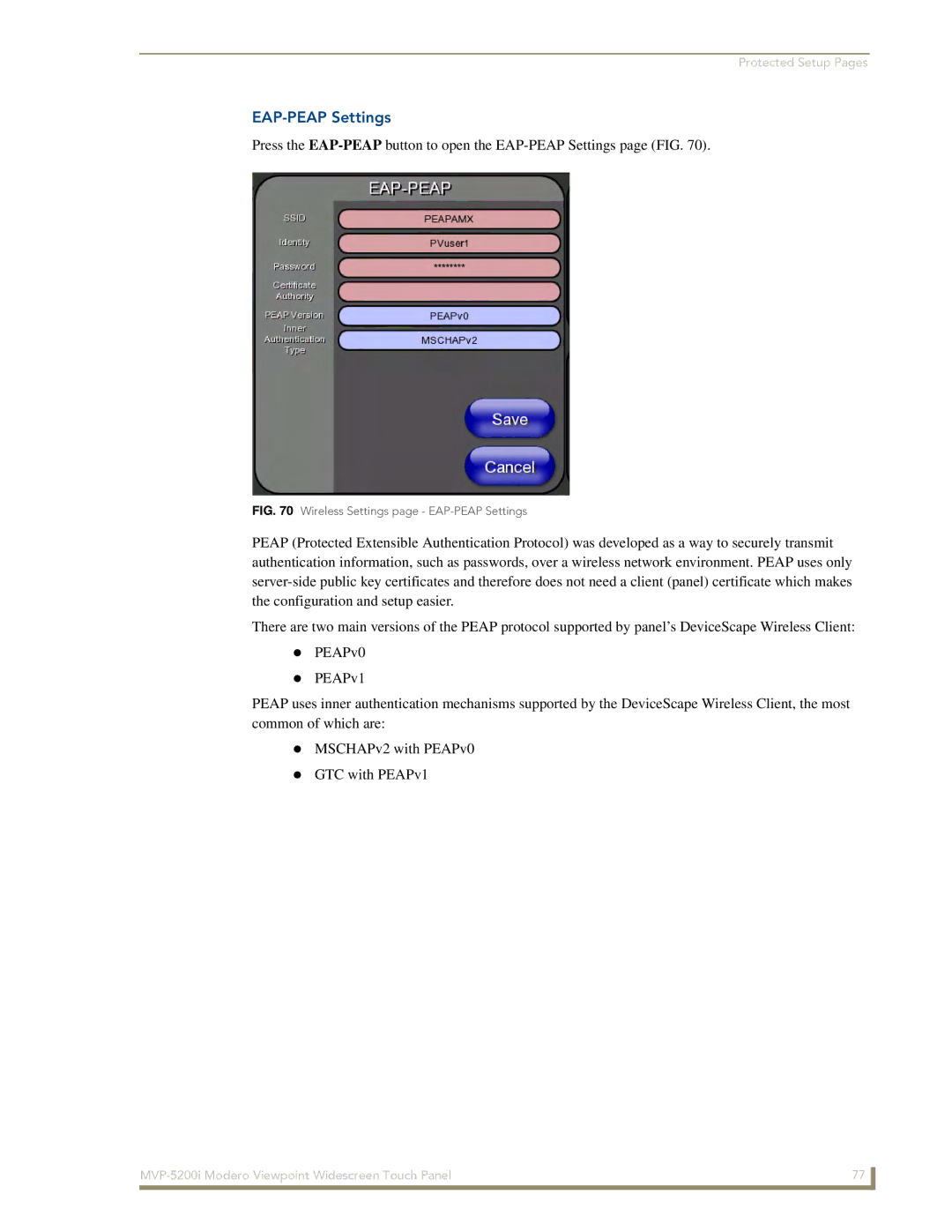 AMX MVP-5200i manual Wireless Settings page EAP-PEAP Settings 