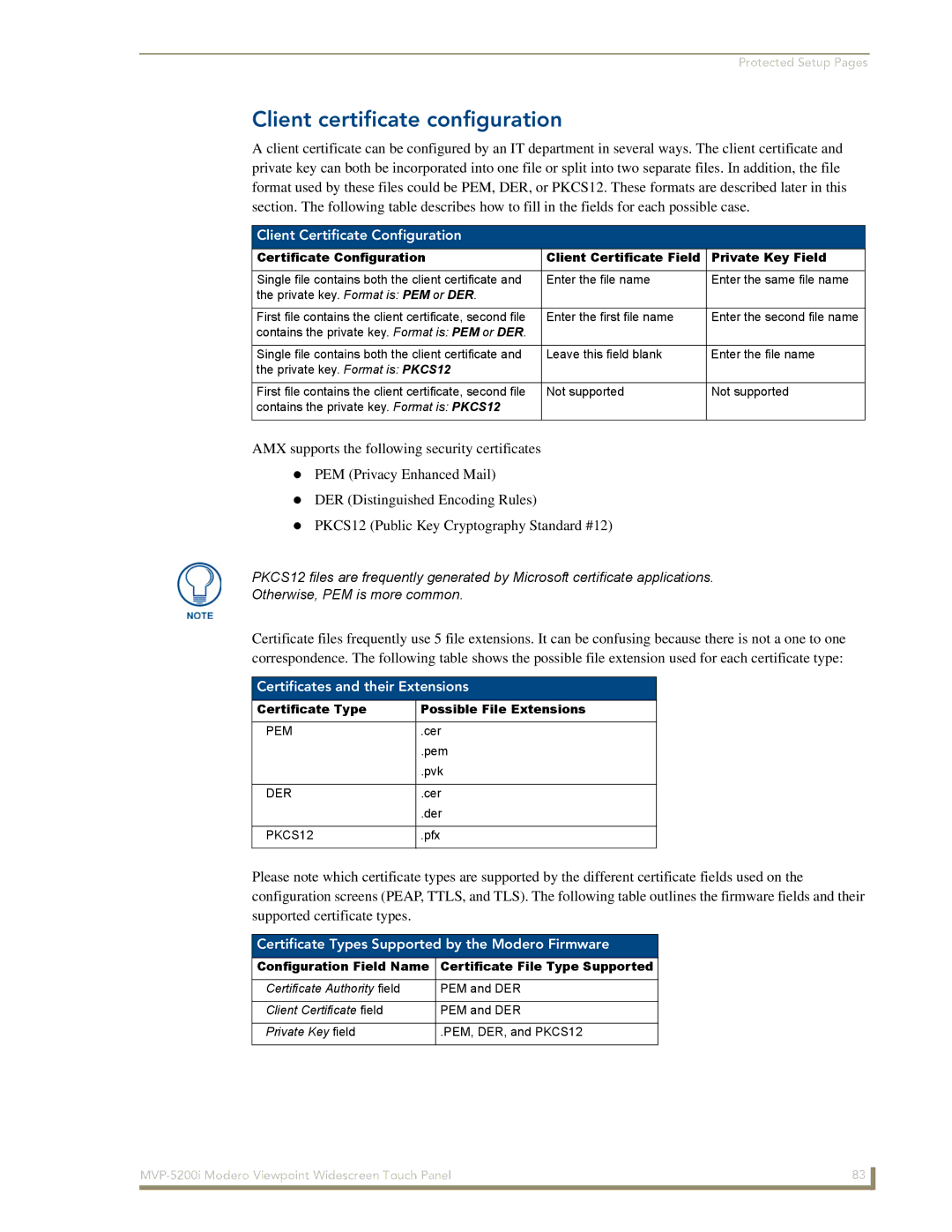 AMX MVP-5200i manual Client certificate configuration, Client Certificate Configuration, Certificates and their Extensions 