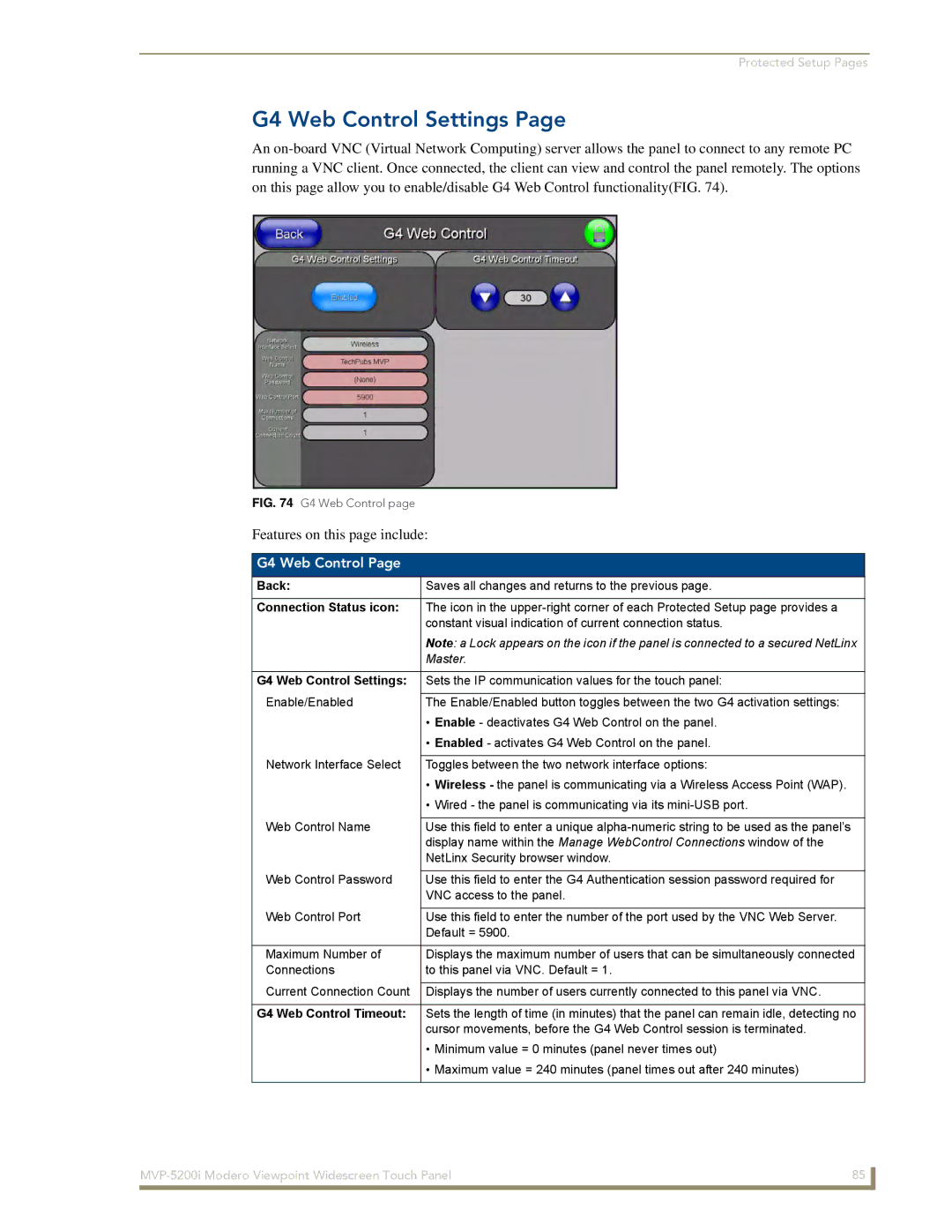 AMX MVP-5200i manual G4 Web Control Settings, G4 Web Control Timeout 