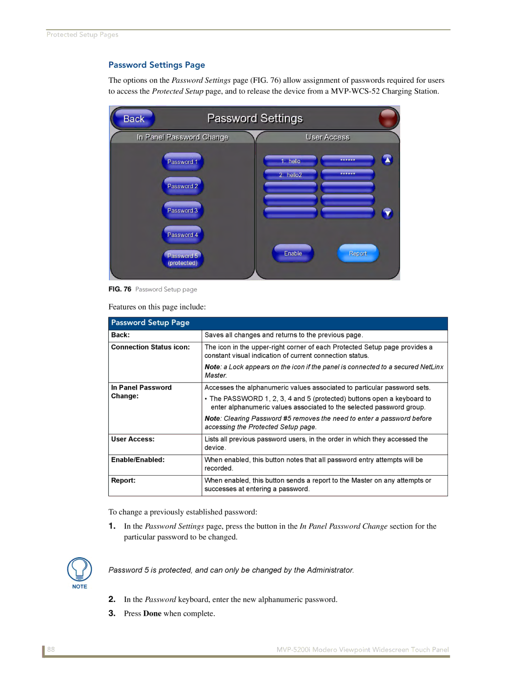 AMX MVP-5200i manual Password Settings, Password Setup 