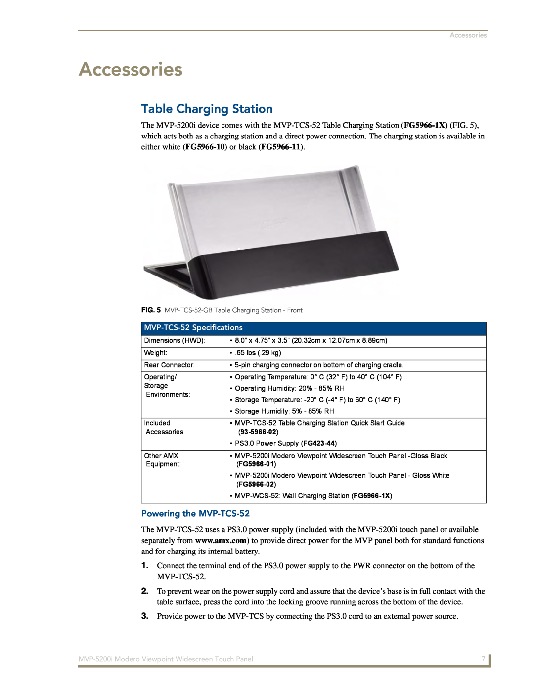 AMX MVP-5200i manual Accessories, Table Charging Station, Powering the MVP-TCS-52 