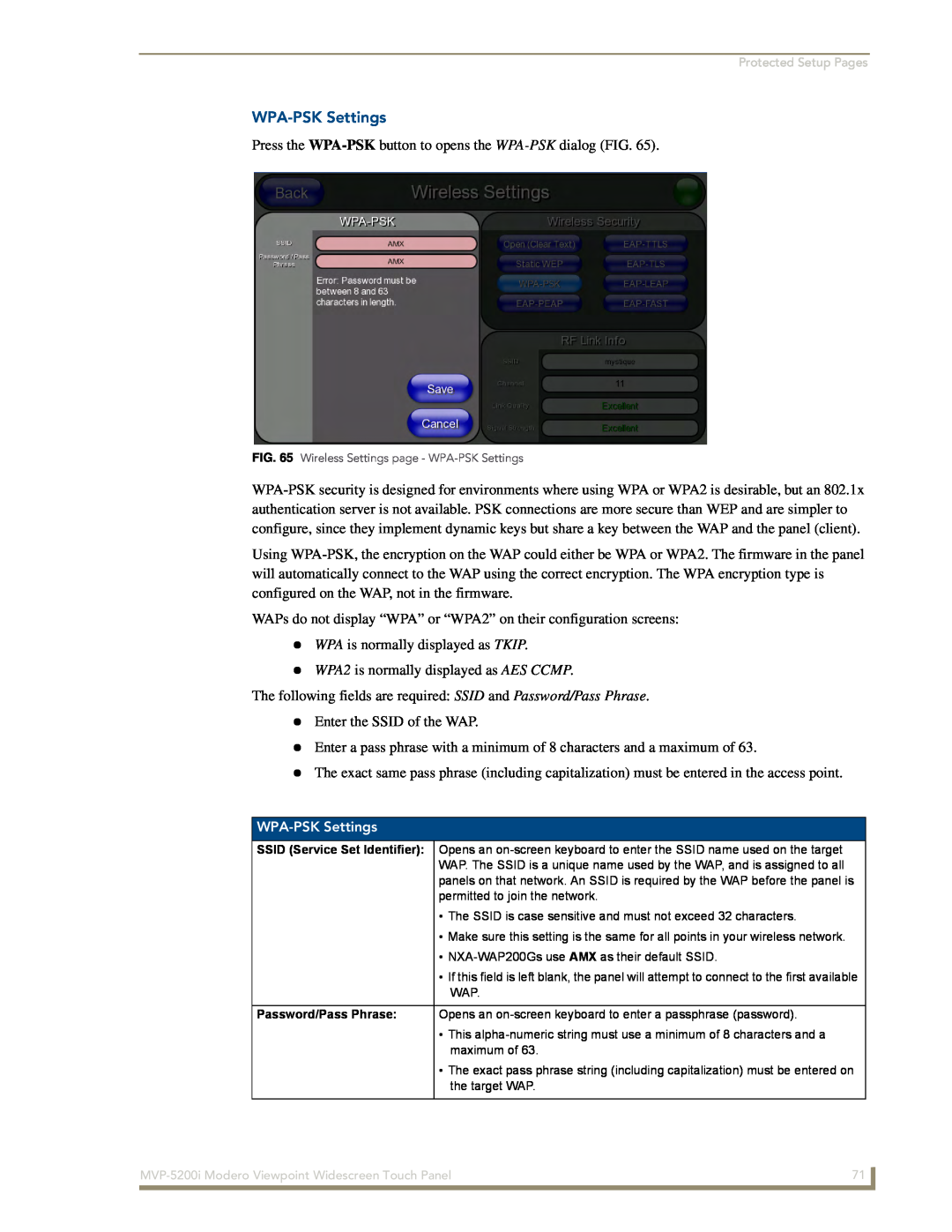 AMX MVP-5200i manual WPA-PSK Settings, Press the WPA-PSK button to opens the WPA-PSK dialog FIG 