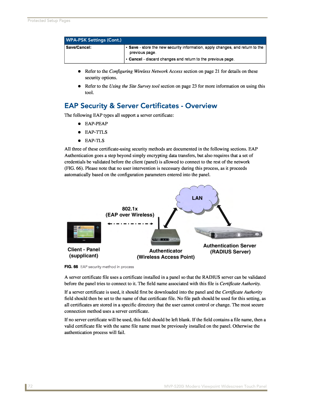 AMX MVP-5200i manual EAP Security & Server Certificates - Overview, LAN 802.1x EAP over Wireless, Authentication Server 