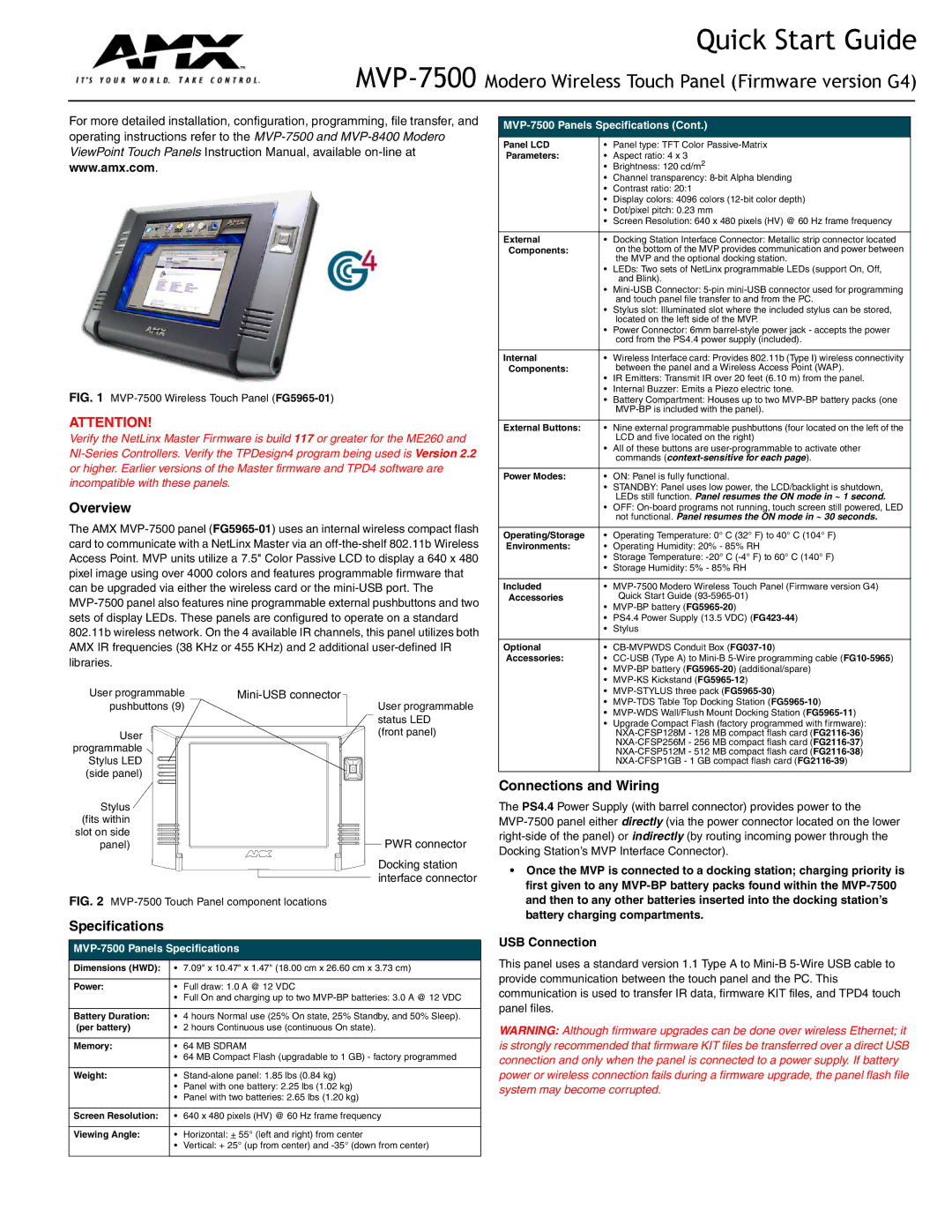 AMX MVP-7500 quick start Overview, Specifications, Connections and Wiring, USB Connection 