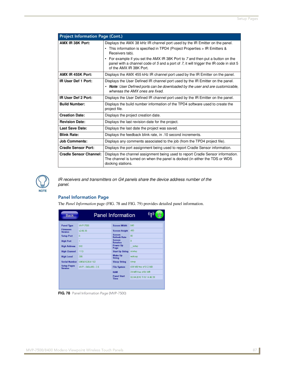 AMX MVP-7500/8400 manual Panel Information 