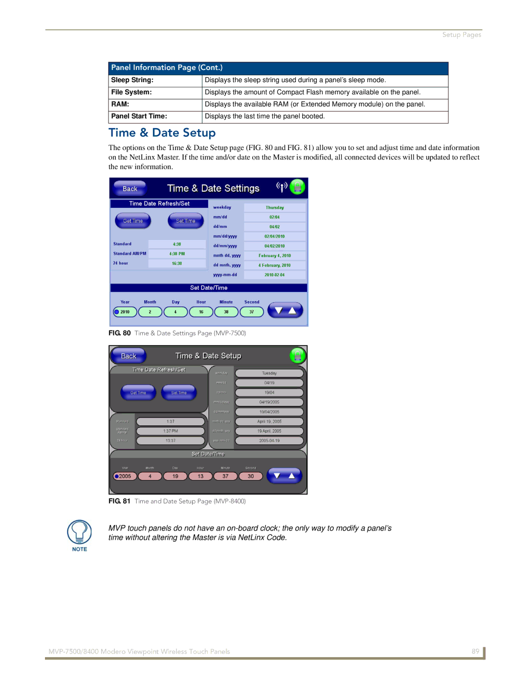 AMX MVP-7500/8400 manual Time & Date Setup, Ram, Panel Start Time Displays the last time the panel booted 