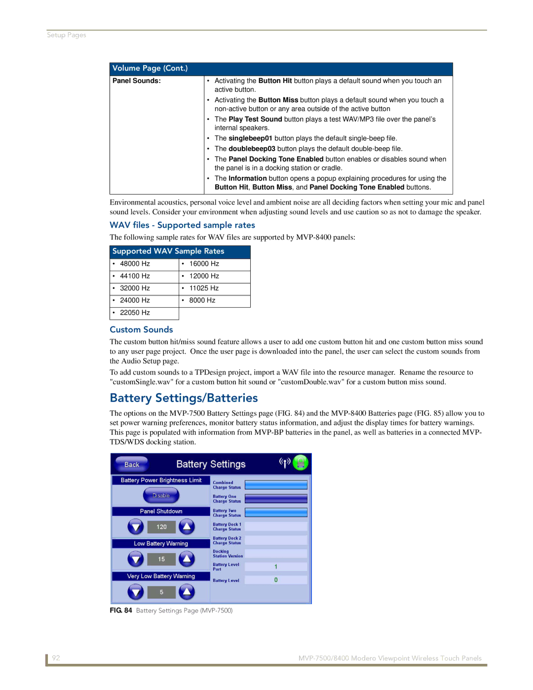 AMX MVP-7500/8400 Battery Settings/Batteries, WAV files Supported sample rates, Custom Sounds, Supported WAV Sample Rates 