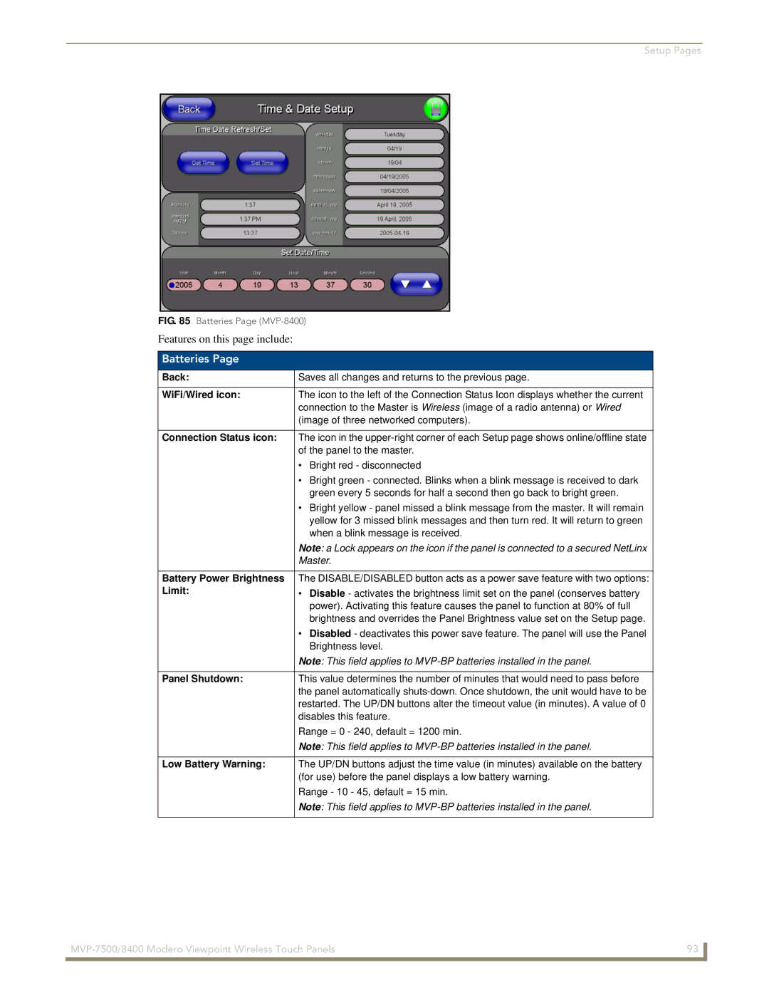 AMX MVP-7500/8400 manual Batteries, Limit, Panel Shutdown, Low Battery Warning 