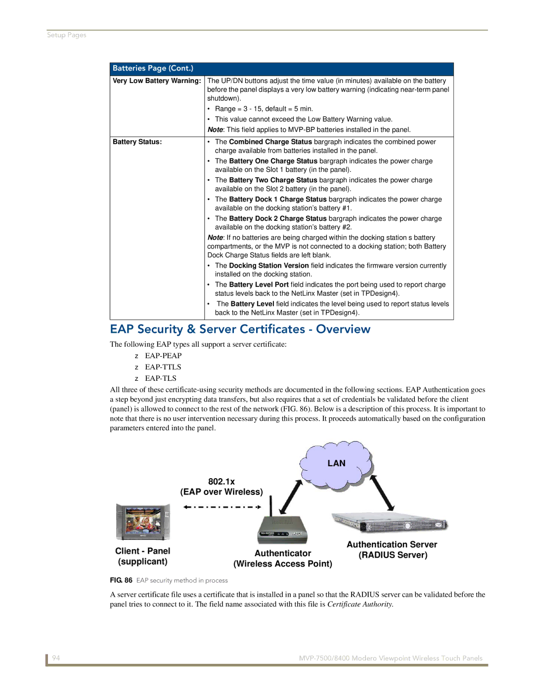 AMX MVP-7500/8400 manual EAP Security & Server Certificates Overview, Battery Status 