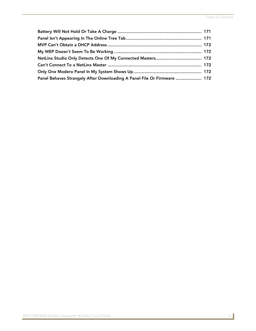 AMX MVP-7500/8400 manual Table of Contents 