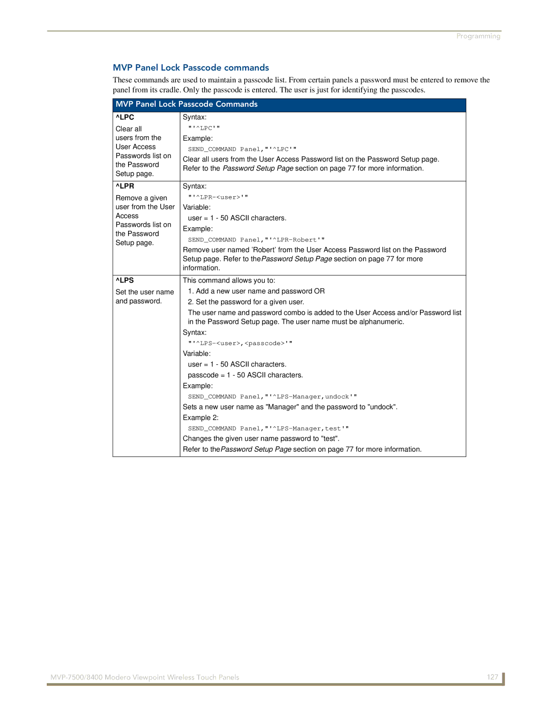 AMX MVP-7500/8400 manual MVP Panel Lock Passcode commands, MVP Panel Lock Passcode Commands, Lpc, Lpr, Lps 