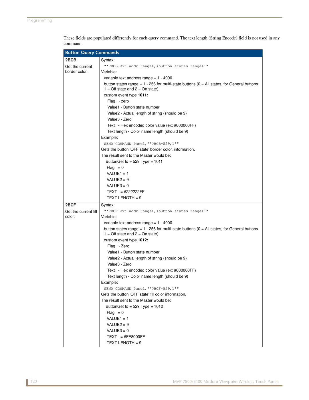 AMX MVP-7500/8400 manual Button Query Commands, ?Bcb, ?Bcf 