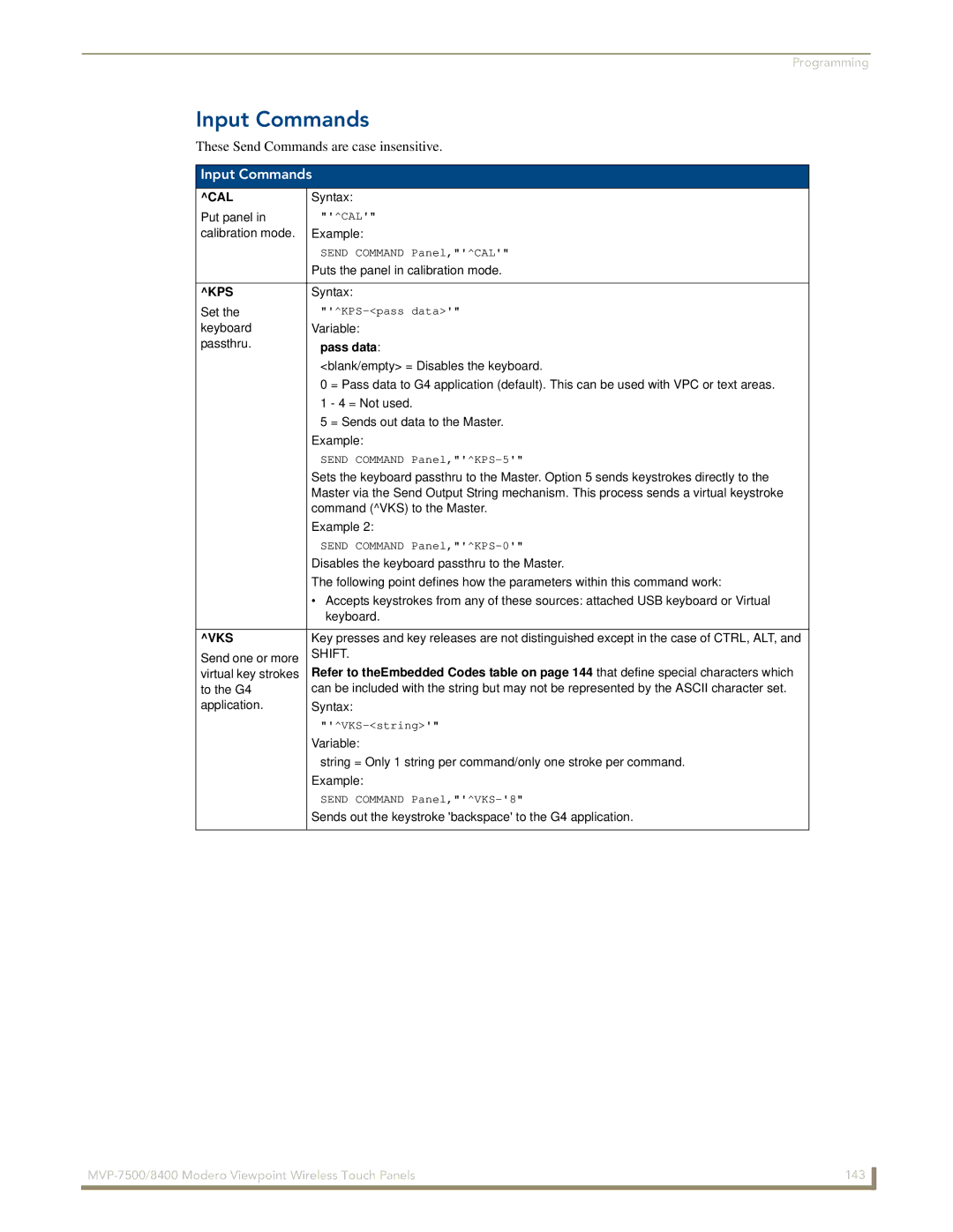 AMX MVP-7500/8400 manual Input Commands, Cal, Kps, Vks 