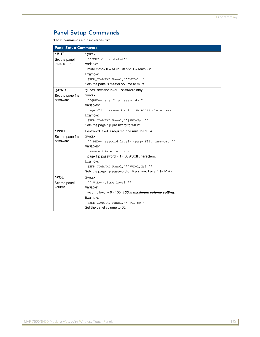 AMX MVP-7500/8400 manual Panel Setup Commands 