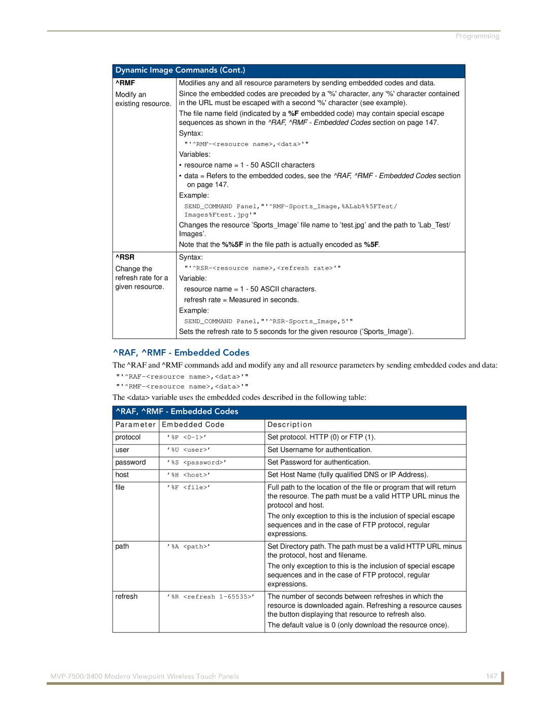 AMX MVP-7500/8400 manual RAF, RMF Embedded Codes, Rmf, Rsr, Parameter Embedded Code Description 