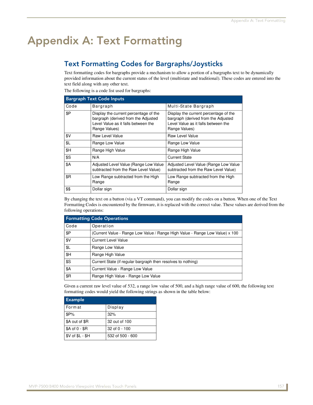 AMX MVP-7500/8400 Appendix a Text Formatting, Text Formatting Codes for Bargraphs/Joysticks, Bargraph Text Code Inputs 