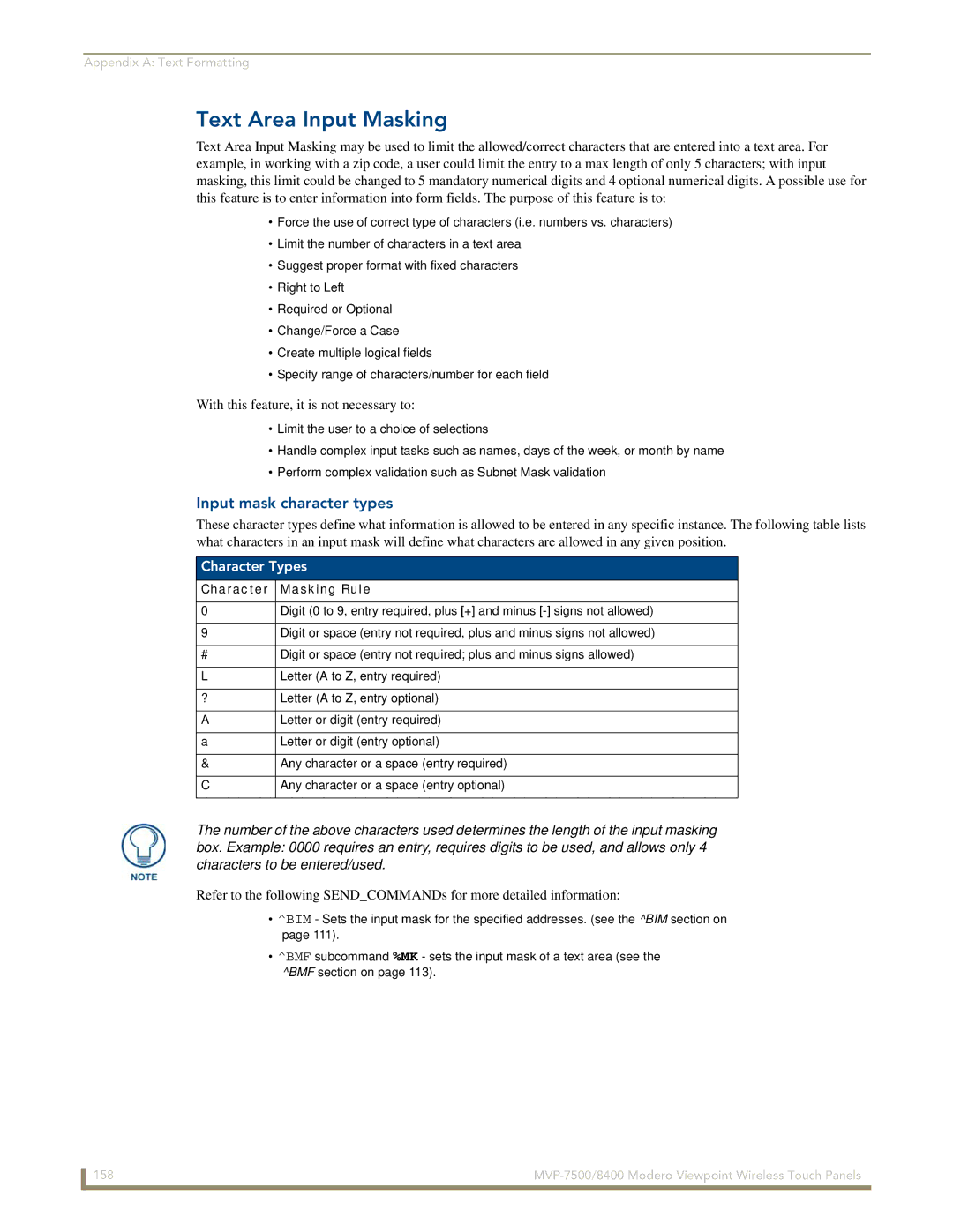 AMX MVP-7500/8400 manual Text Area Input Masking, Input mask character types, Character Types, Character Masking Rule 