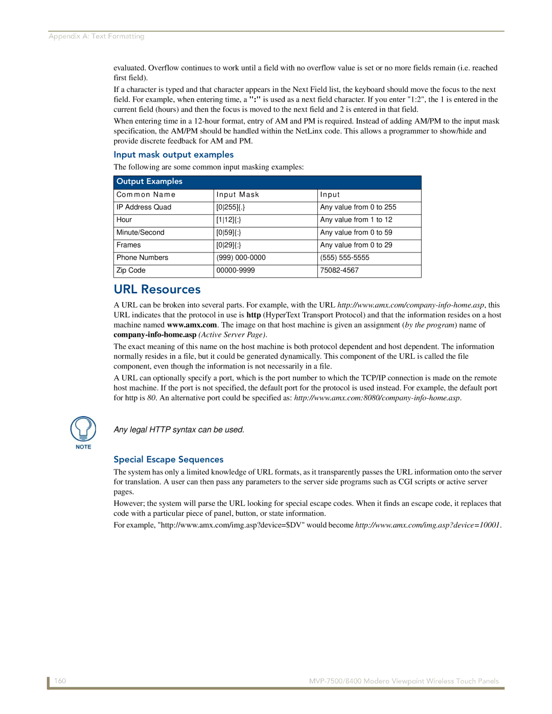 AMX MVP-7500/8400 manual URL Resources, Input mask output examples, Special Escape Sequences, Output Examples 