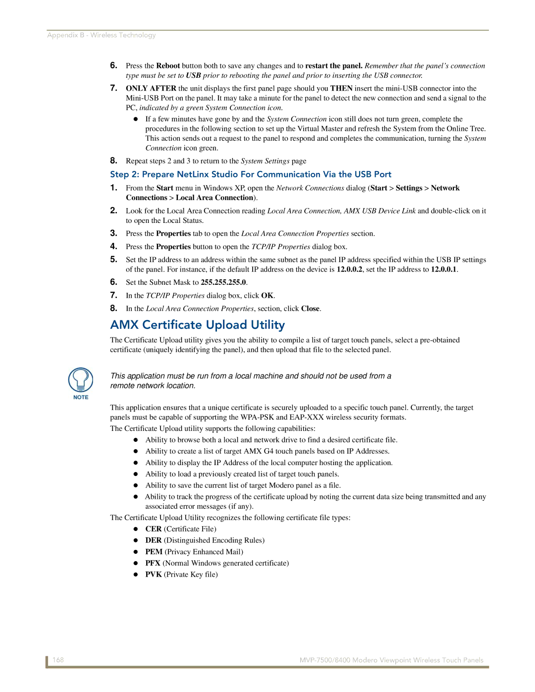 AMX MVP-7500/8400 manual AMX Certificate Upload Utility, Prepare NetLinx Studio For Communication Via the USB Port 