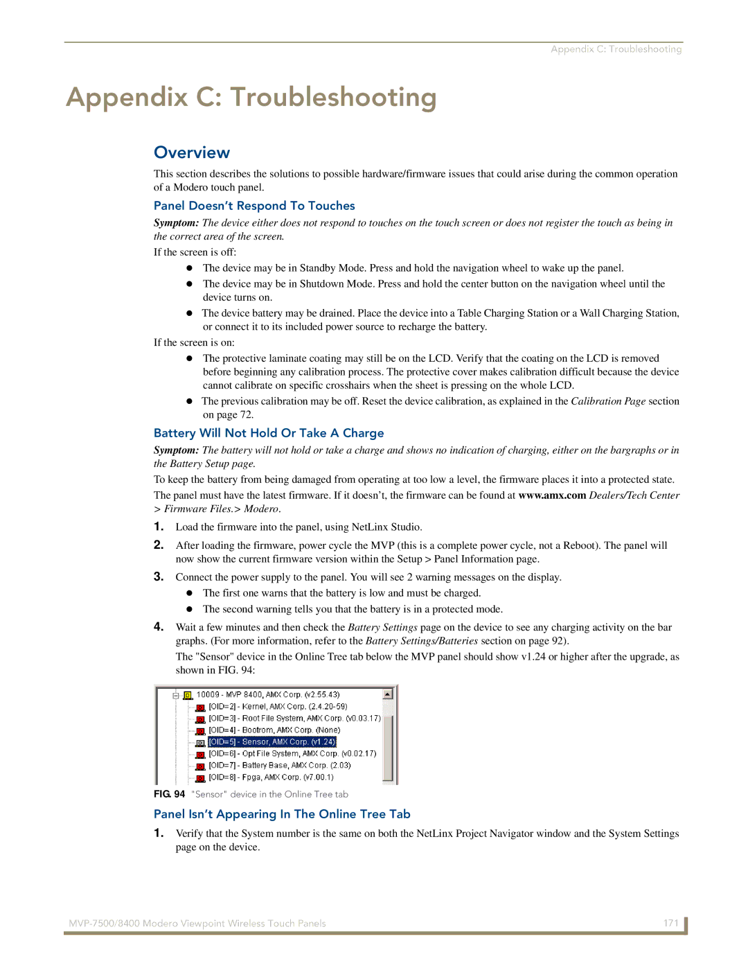 AMX MVP-7500/8400 Appendix C Troubleshooting, Panel Doesn’t Respond To Touches, Battery Will Not Hold Or Take a Charge 